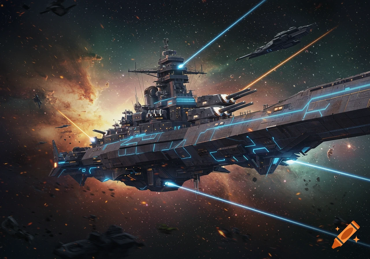 A large futuristic space battleship with glowing blue lines and multiple gun turrets fires laser beams in a vibrant space battle with a nebula background and other smaller ships.