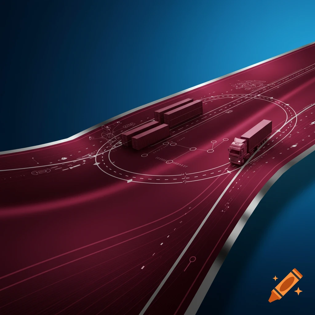 A burgundy banner-like road with a truck and shipping containers, overlaid with abstract data patterns, against a dark blue background.