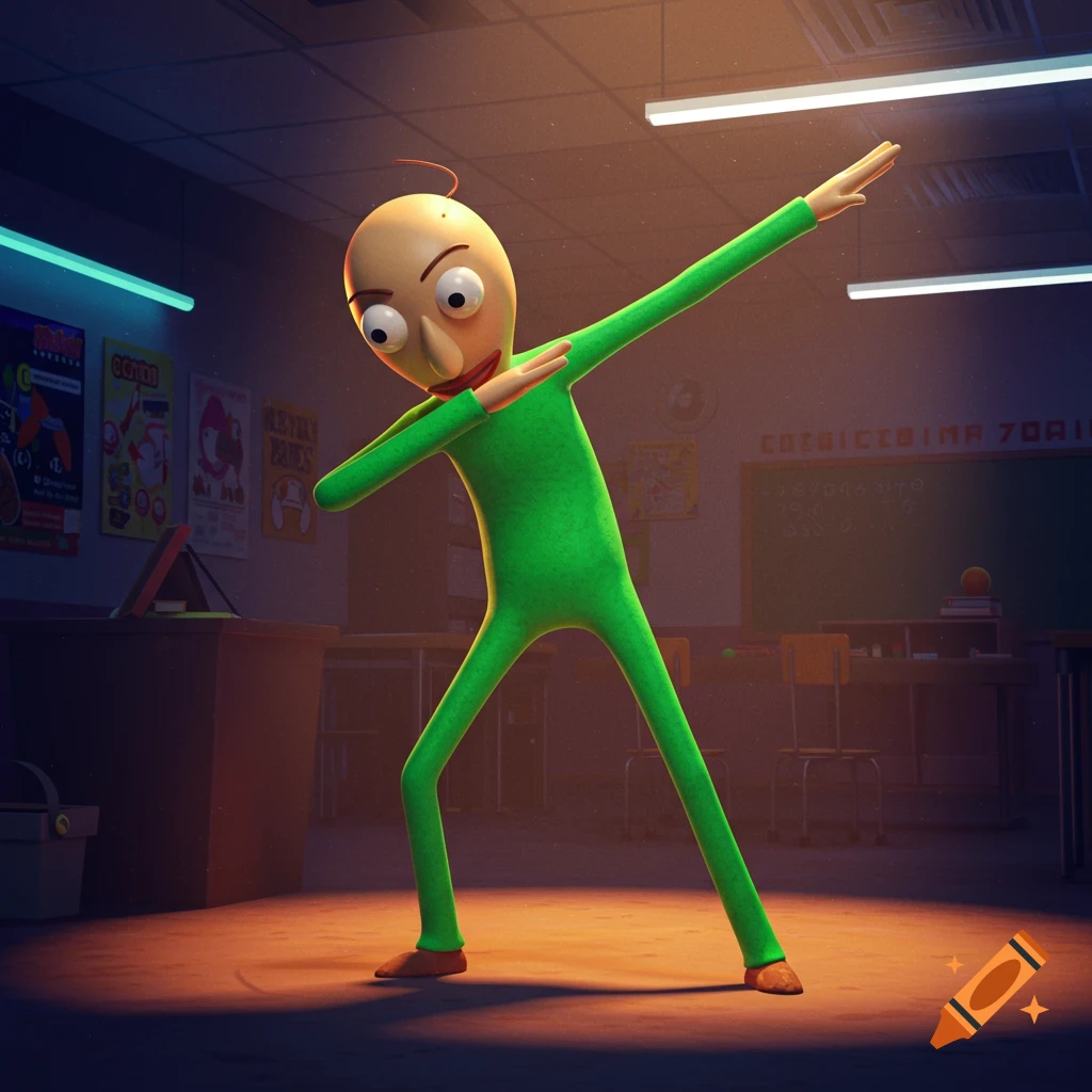 A 3D animated, bald character in a green suit with large eyes dabs in a dimly lit classroom.