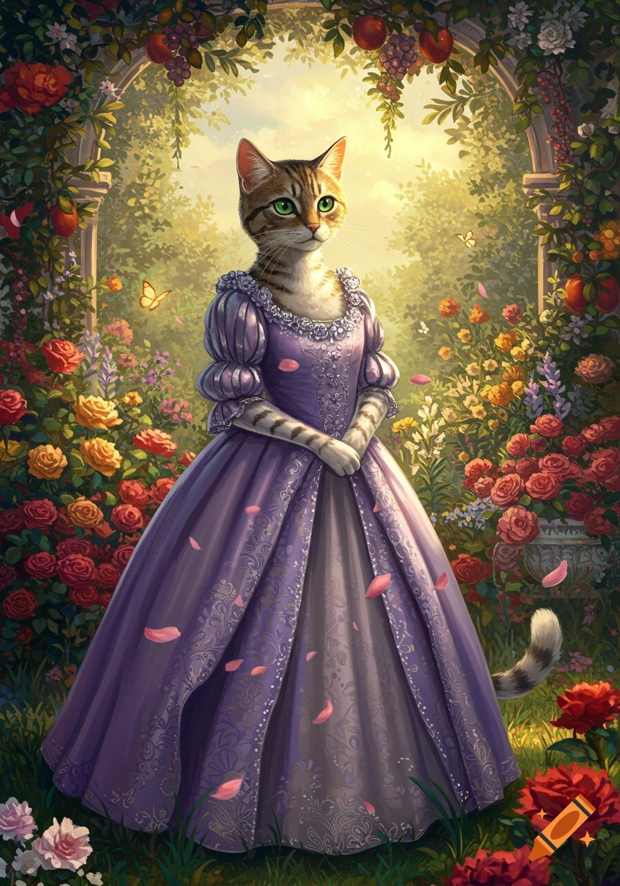 A majestic tabby cat in a purple gown stands in a lush, blooming garden with a stone archway, depicted in a fantastical style.
