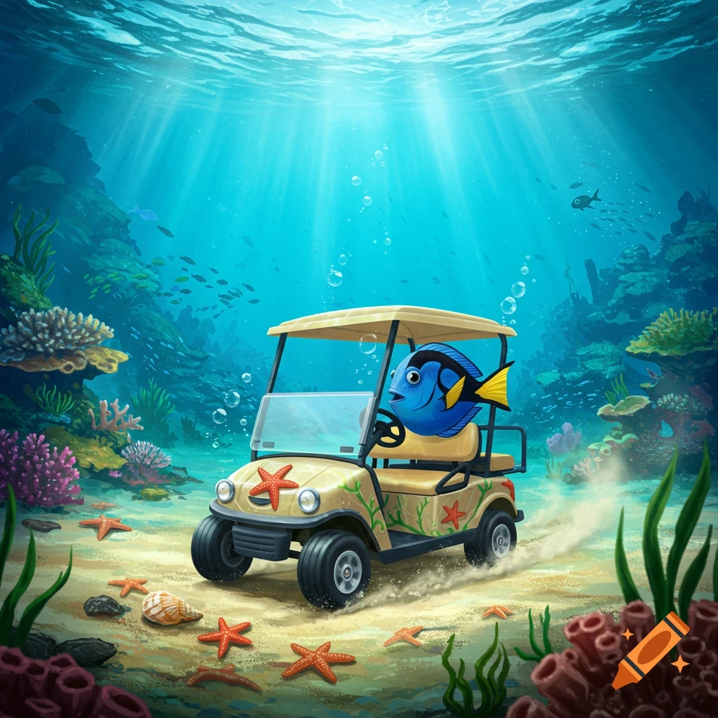 A blue cartoon fish drives a golf cart underwater on a sandy seabed with coral, starfish, and sunrays.