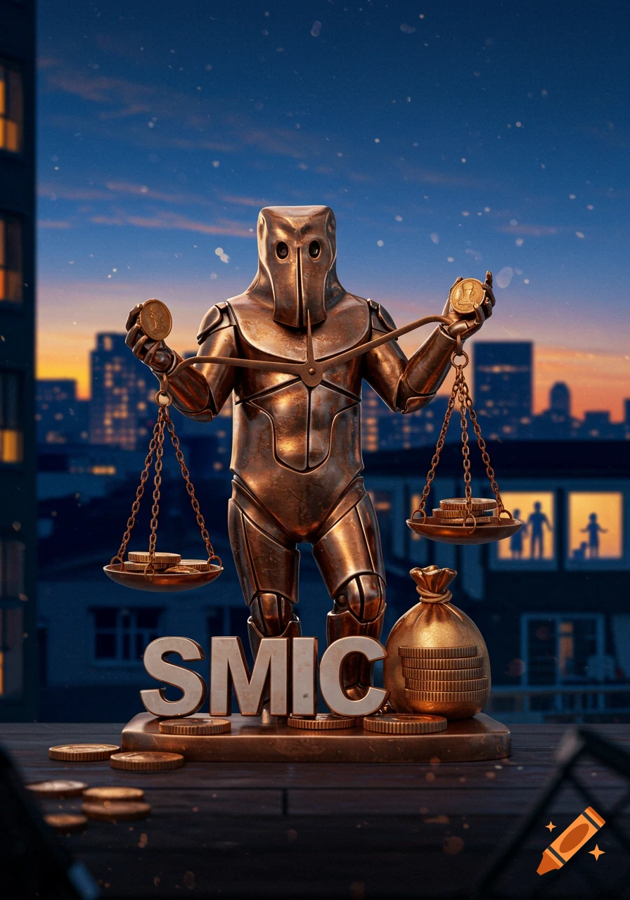 A bronze robot-like figure holding scales with coins, standing on a base with the letters "SMIC" and a bag of coins, against a city skyline at dusk.