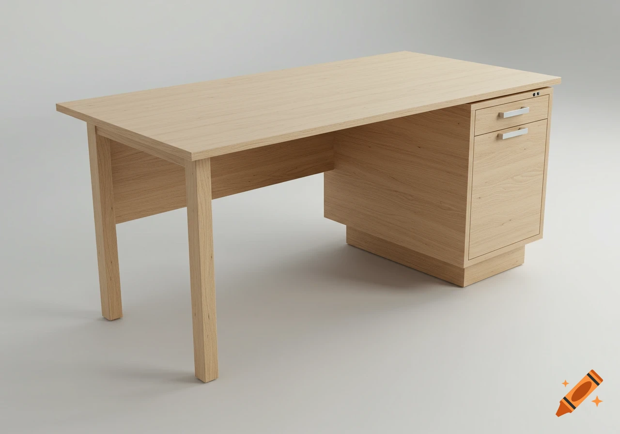 A modern light wood desk with a rectangular top and a drawer unit on the right, set against a plain light background.