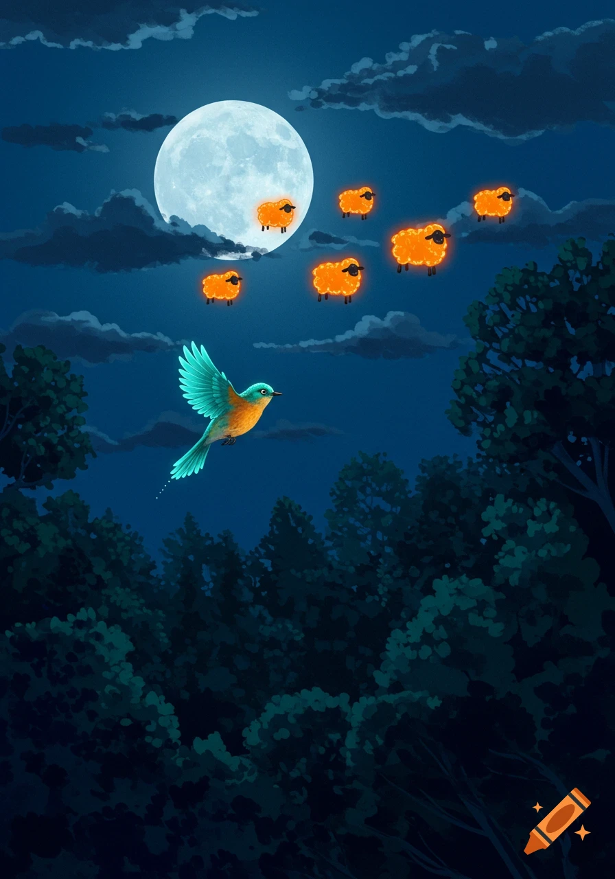 Illustrated blue and orange bird flies over a dark forest at night, under a full moon with glowing orange sheep in the sky.