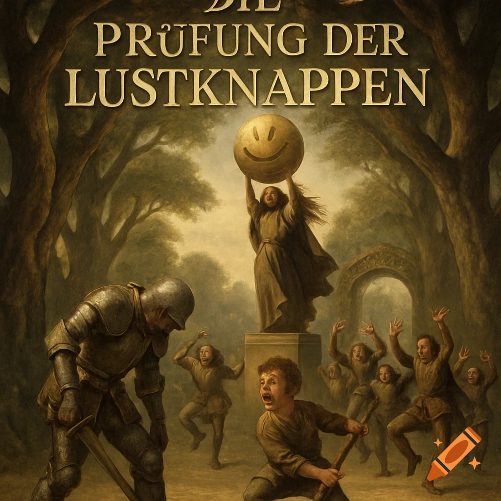 A dark fantasy painting with the title "DIE PRÜFUNG DER LUSTKNAPPEN" (The Trial of the Lustknappen). A knight kneels while a boy with a stick looks alarmed. In the background, a figure on a pedestal holds a giant smiley-faced golden sphere, surrounded by dancing figures in a forest setting.