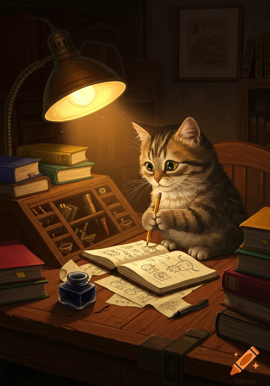 A cute tabby kitten drawing in an open notebook under a warm desk lamp, surrounded by books and ink.
