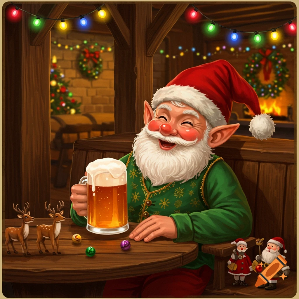 A cheerful Santa elf, with a white beard and red hat, holds a frothy pint of beer at a wooden table in a festive tavern decorated for Christmas.