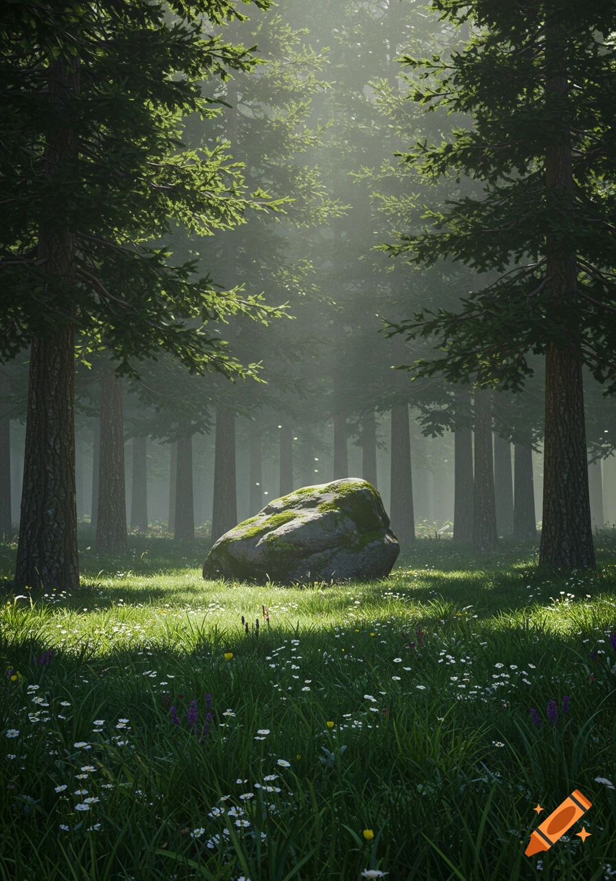 A sunlit forest clearing with a mossy rock in the center, surrounded by tall trees and a field of wildflowers.