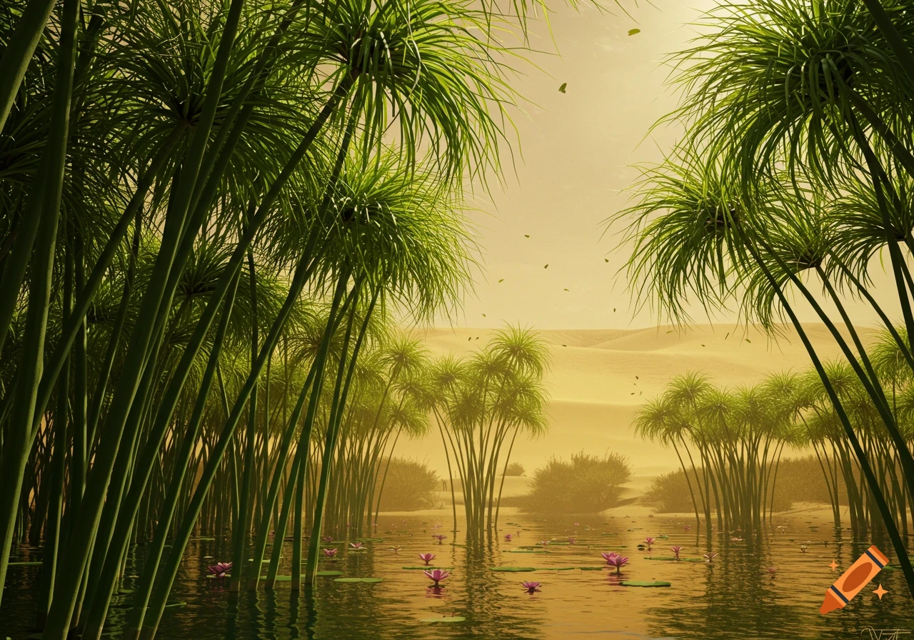 Lush green papyrus plants grow in water, with small pink water lilies, set against a hazy golden desert landscape.