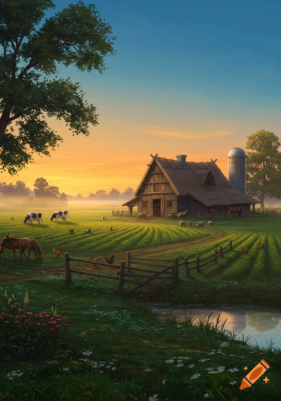 An illustrated farm landscape at sunset with a rustic house, silo, cows, horses, sheep, and chickens grazing in vibrant green fields.