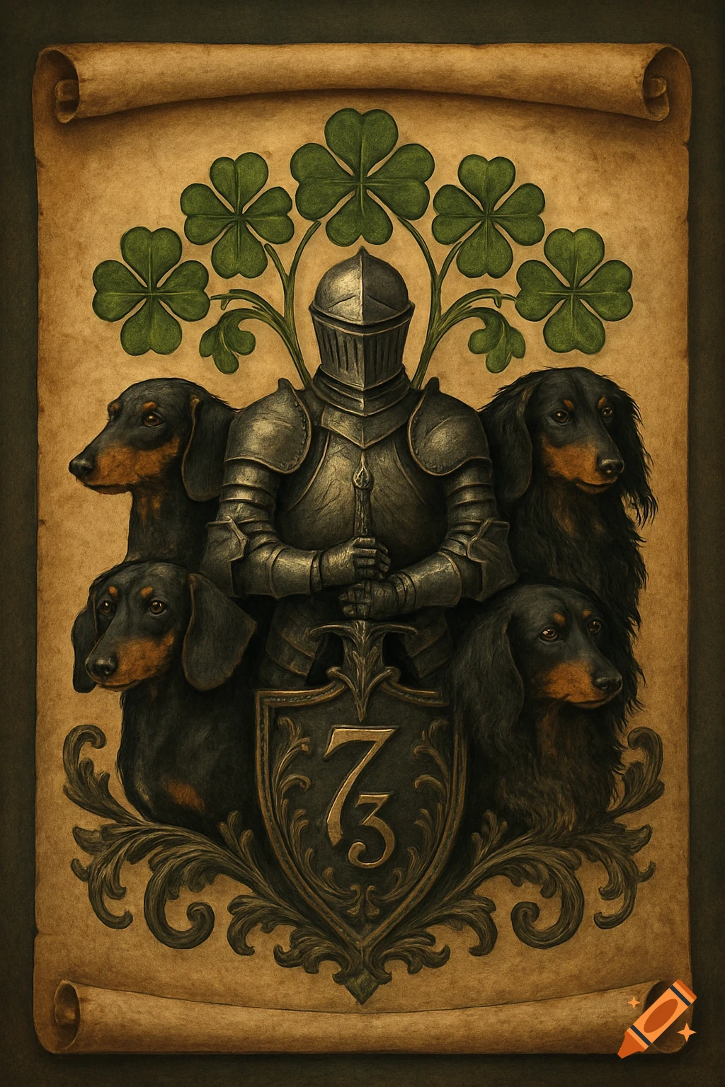 A Gothic coat of arms on a scroll with a knight, four dachshunds, and four-leaf clovers. A shield with '73' is at the bottom.