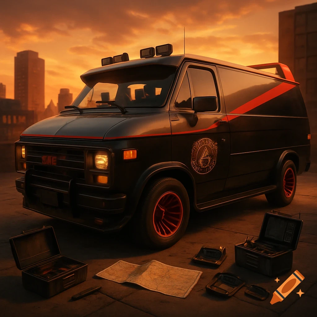 A black and gray van with a red stripe and red wheels sits on a city street at sunset, with open cases and a map on the ground.