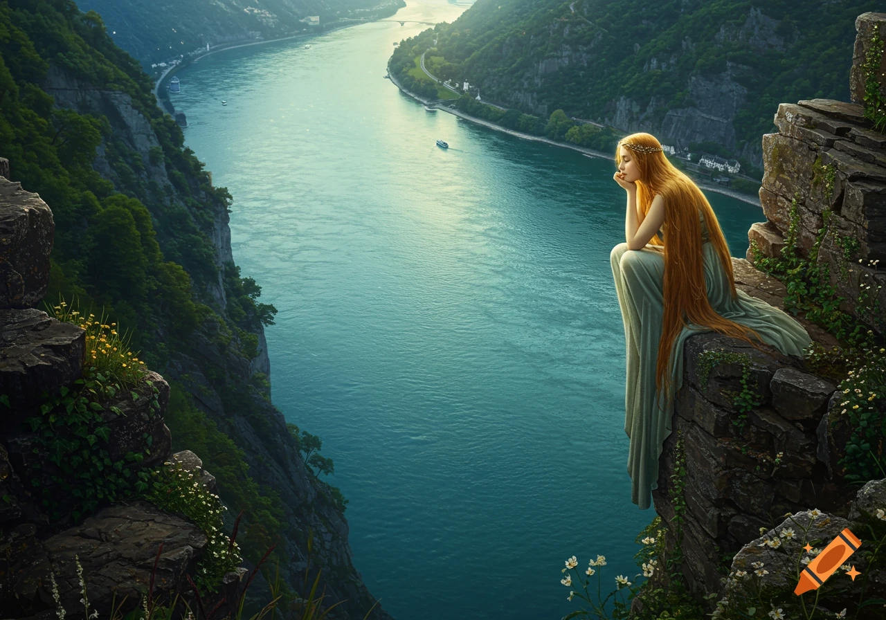 A woman with very long red hair sits on a rocky cliff, gazing at a wide river flowing through a deep, green mountain valley. Photorealistic.