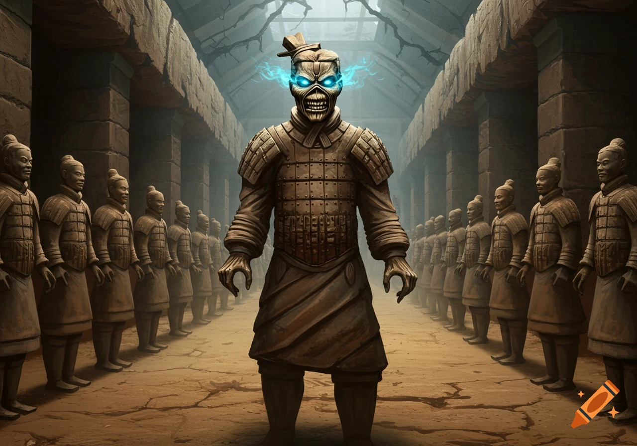 Eddie the Head, styled as a Terracotta Warrior with glowing blue eyes, stands in a stone tomb lined with other terracotta soldiers.