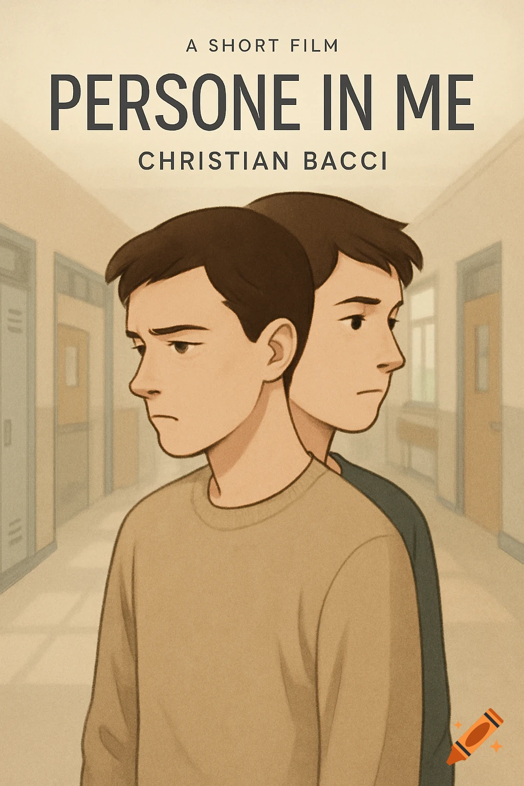 An illustrated film poster with two young men, one looking left with a sad expression and the other looking right. They appear to be connected, suggesting duality. The background is a blurred high school hallway. Text reads "A SHORT FILM PERSONE IN ME CHRISTIAN BACCI".