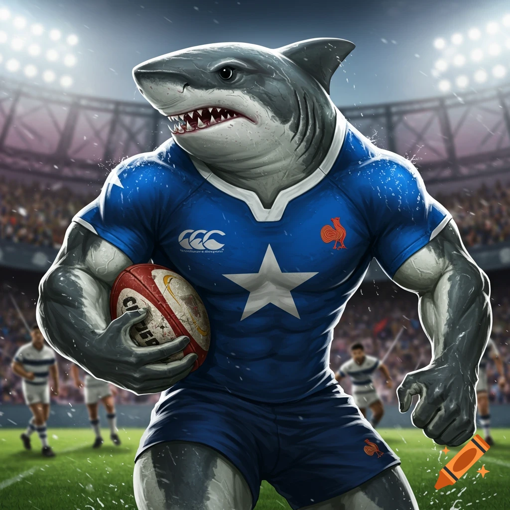 A muscular, anthropomorphic shark in a blue rugby jersey with a white star and rooster logo, holding a rugby ball on a wet field in a stadium.