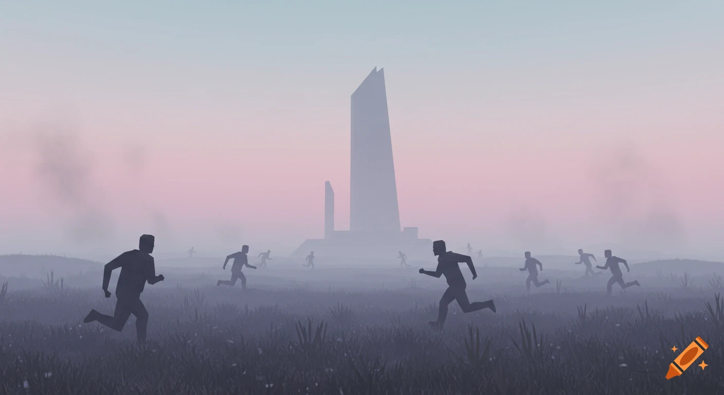 Low-poly surreal landscape with silhouetted figures running through a misty field towards a blocky monument.