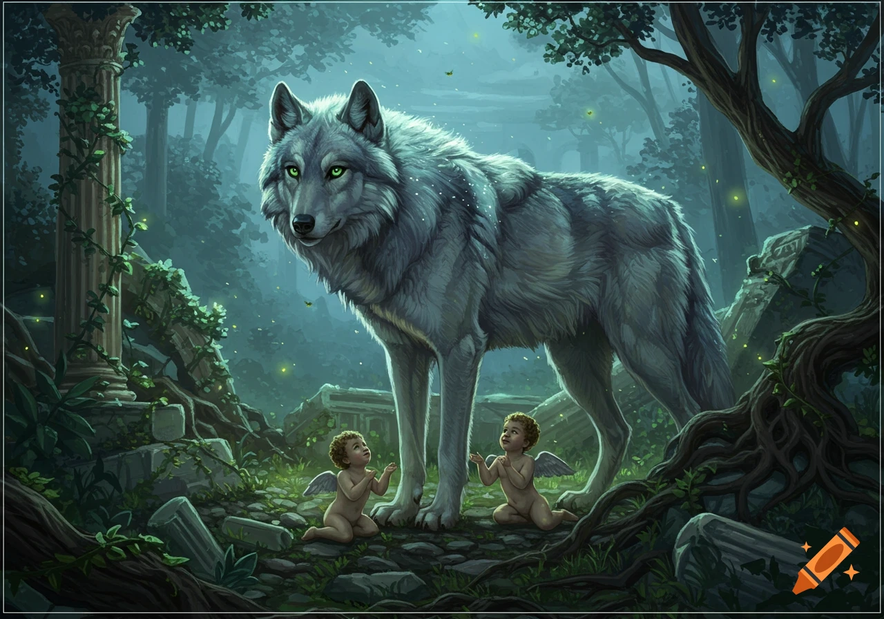 A large gray wolf stands over two winged cherubs in a dark fantasy forest with ruins and fireflies, digital painting.