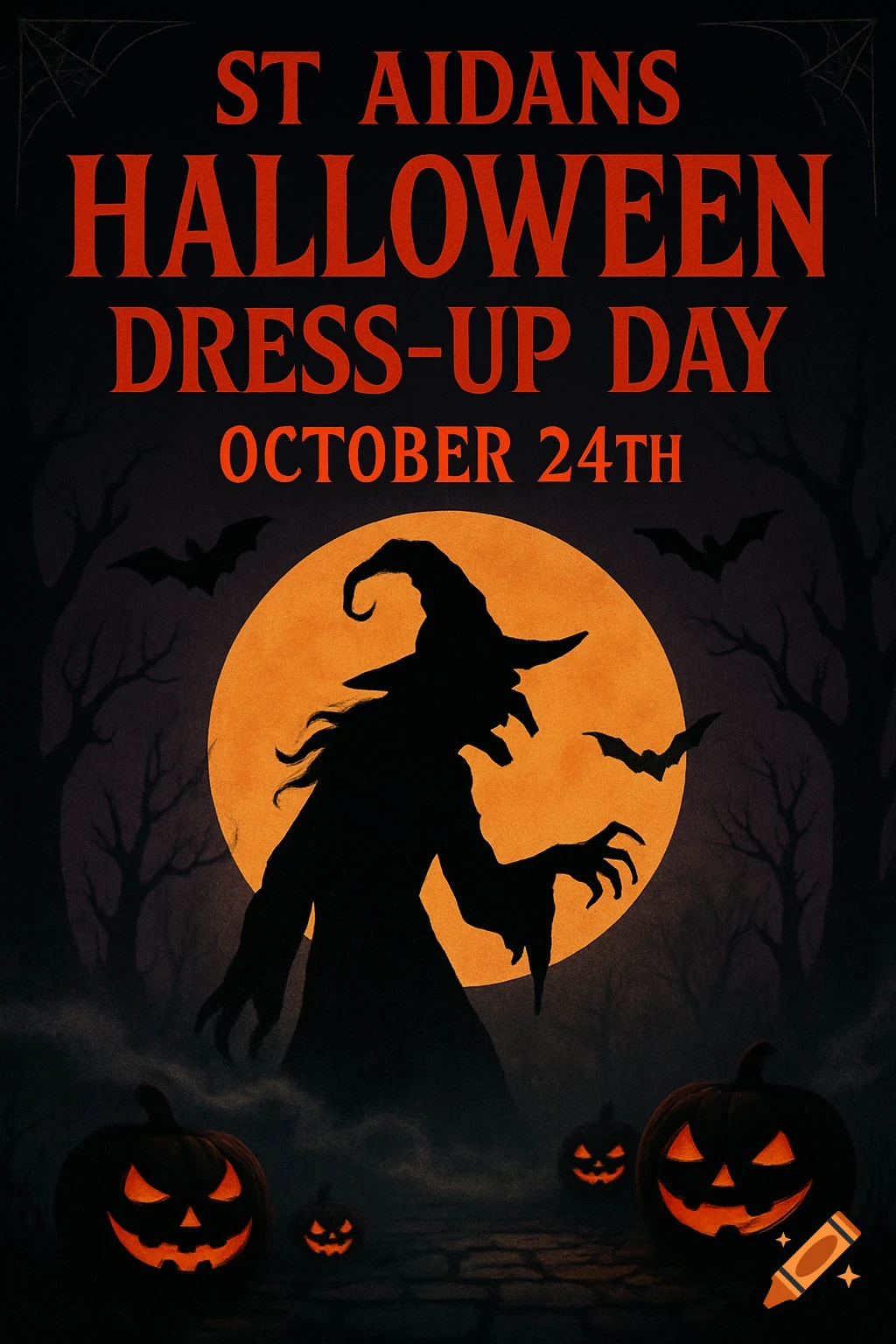 A spooky Halloween poster with a witch silhouette, orange moon, bats, trees, and jack-o'-lanterns. Text: ST AIDANS HALLOWEEN DRESS-UP DAY OCTOBER 24TH.