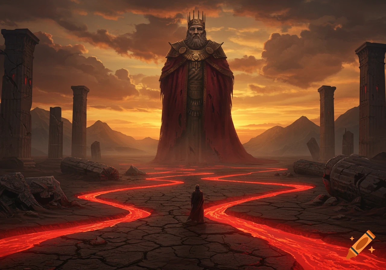 Colossal king in red robes dominates a cracked, desolate landscape with glowing red rivers, facing a small figure under an orange sky.