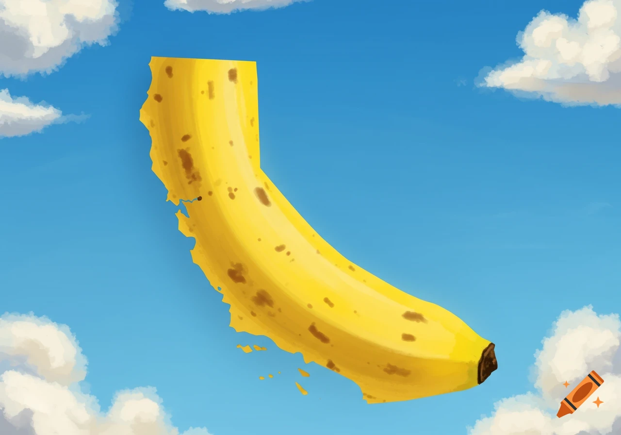 A banana shaped like the state of California floats in a blue sky with white clouds.