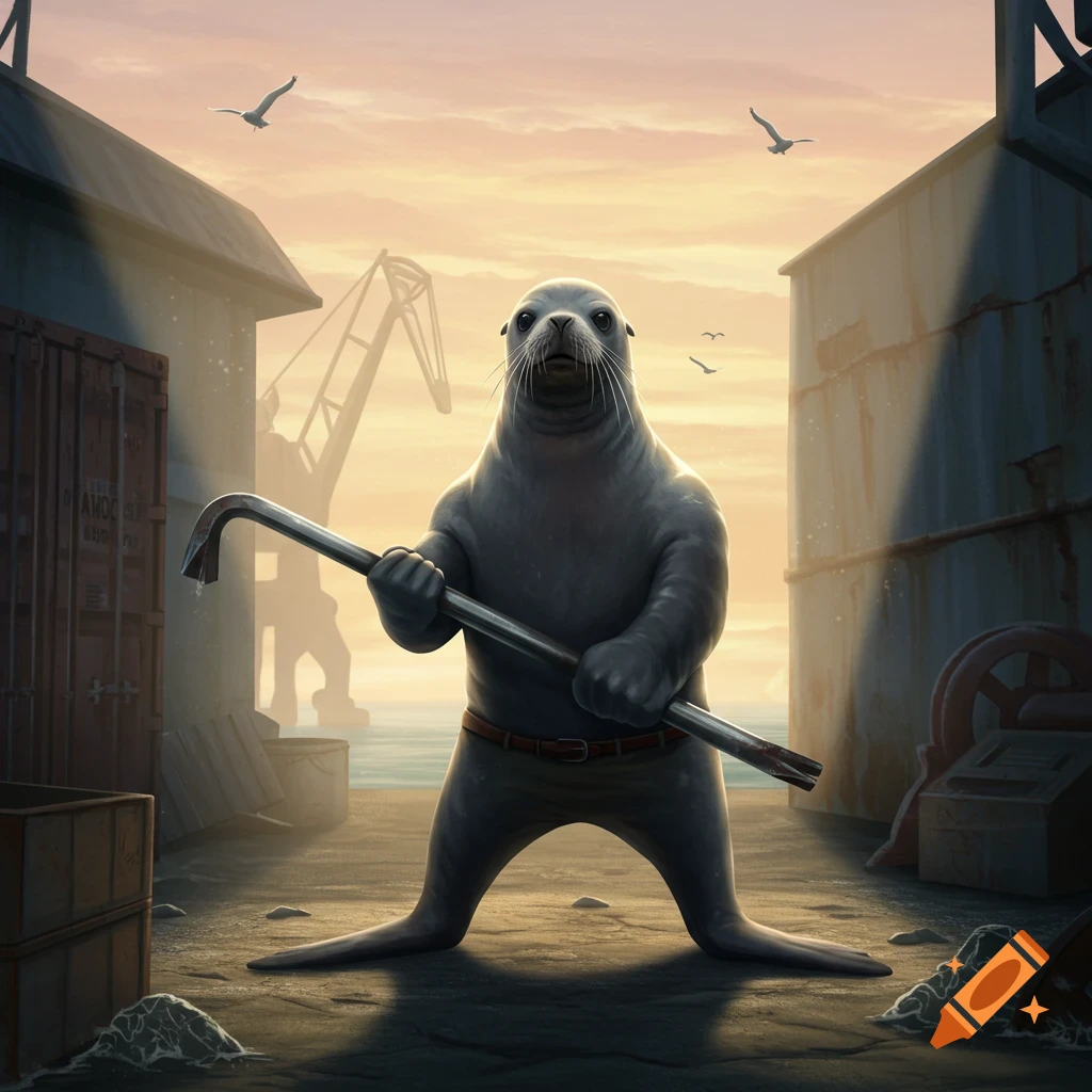 An anthropomorphic seal stands holding a crowbar on a sunny dock with industrial buildings and a crane in the background.