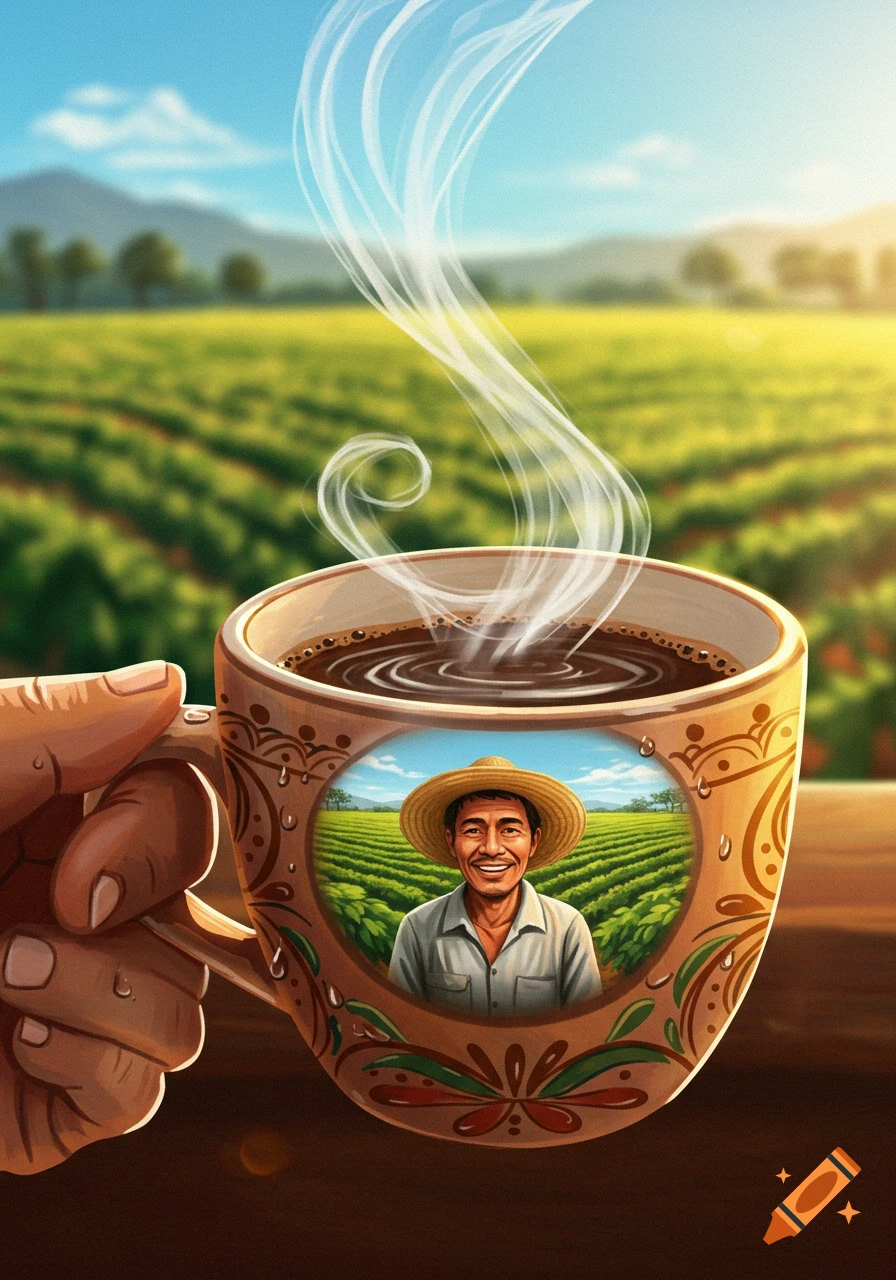 An illustrative image of a hand holding a steaming coffee cup, reflecting a smiling farmer in a hat amidst a sunny coffee field.
