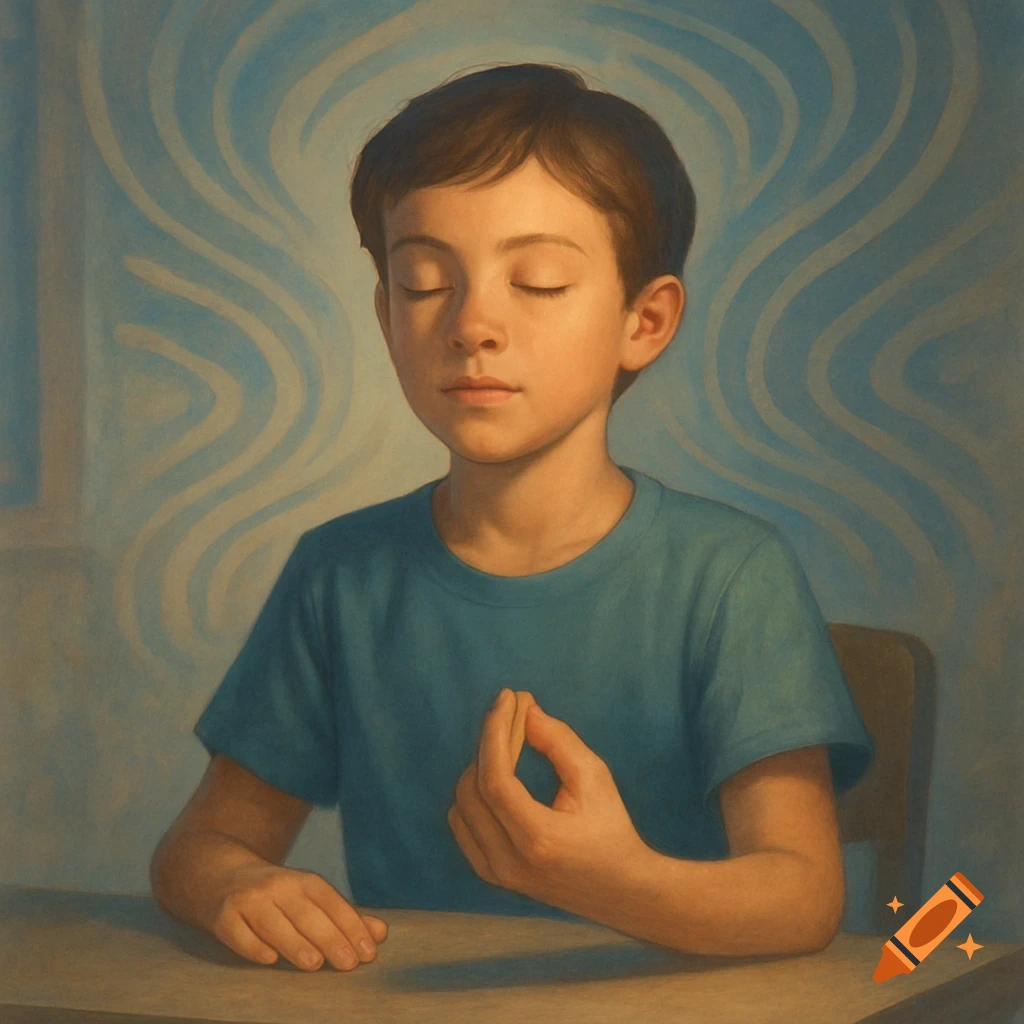 A young boy with closed eyes meditating, making a hand gesture, painted in a realistic style.