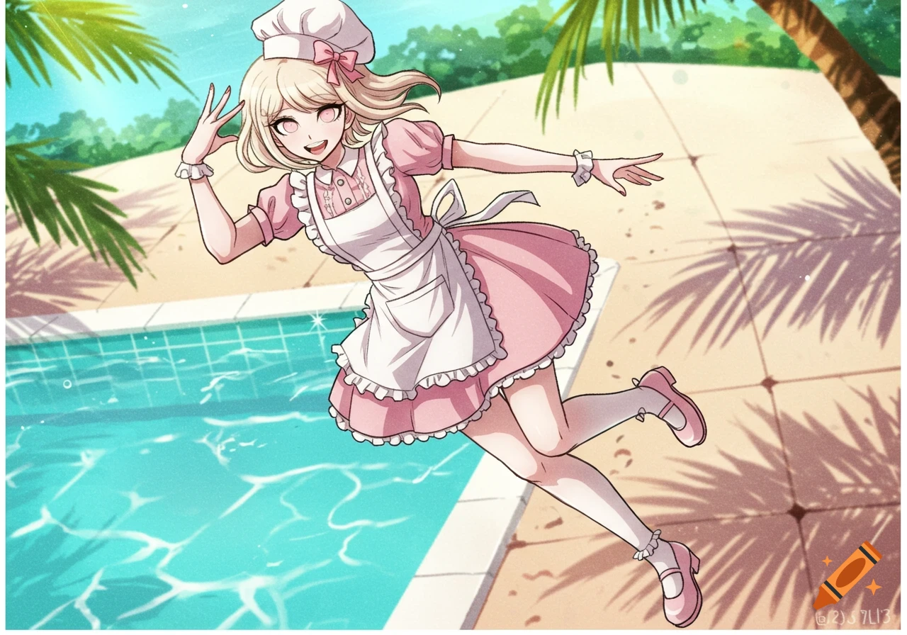 A blonde anime girl in a pink maid dress and chef's hat jumps beside a blue swimming pool, cast with palm tree shadows.