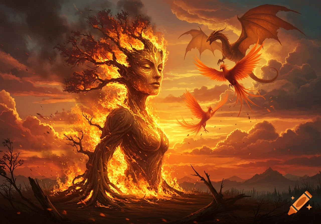 A fantasy scene with a woman's face and body formed from a burning tree, surrounded by fire and smoke. A dragon and two phoenixes fly in an orange, cloudy sunset sky.