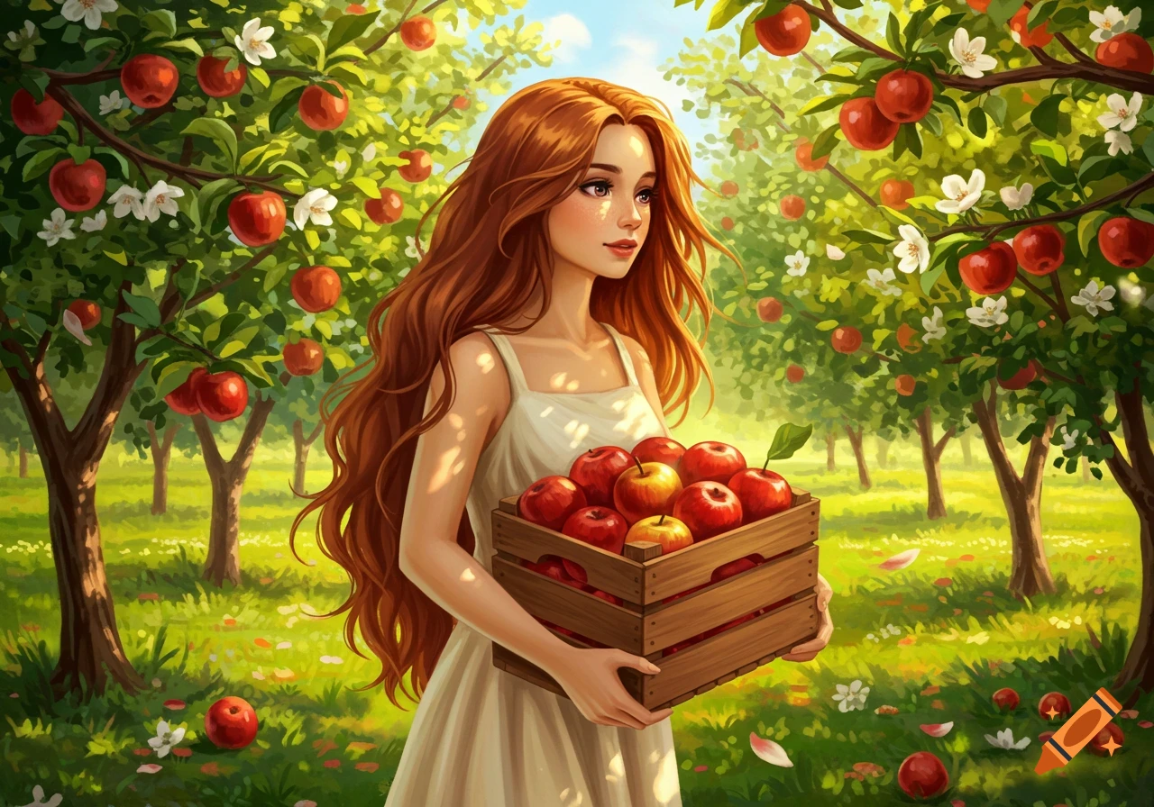 A young woman with long red hair holds a crate of red apples in a vibrant green apple orchard with white blossoms, in an illustration style.