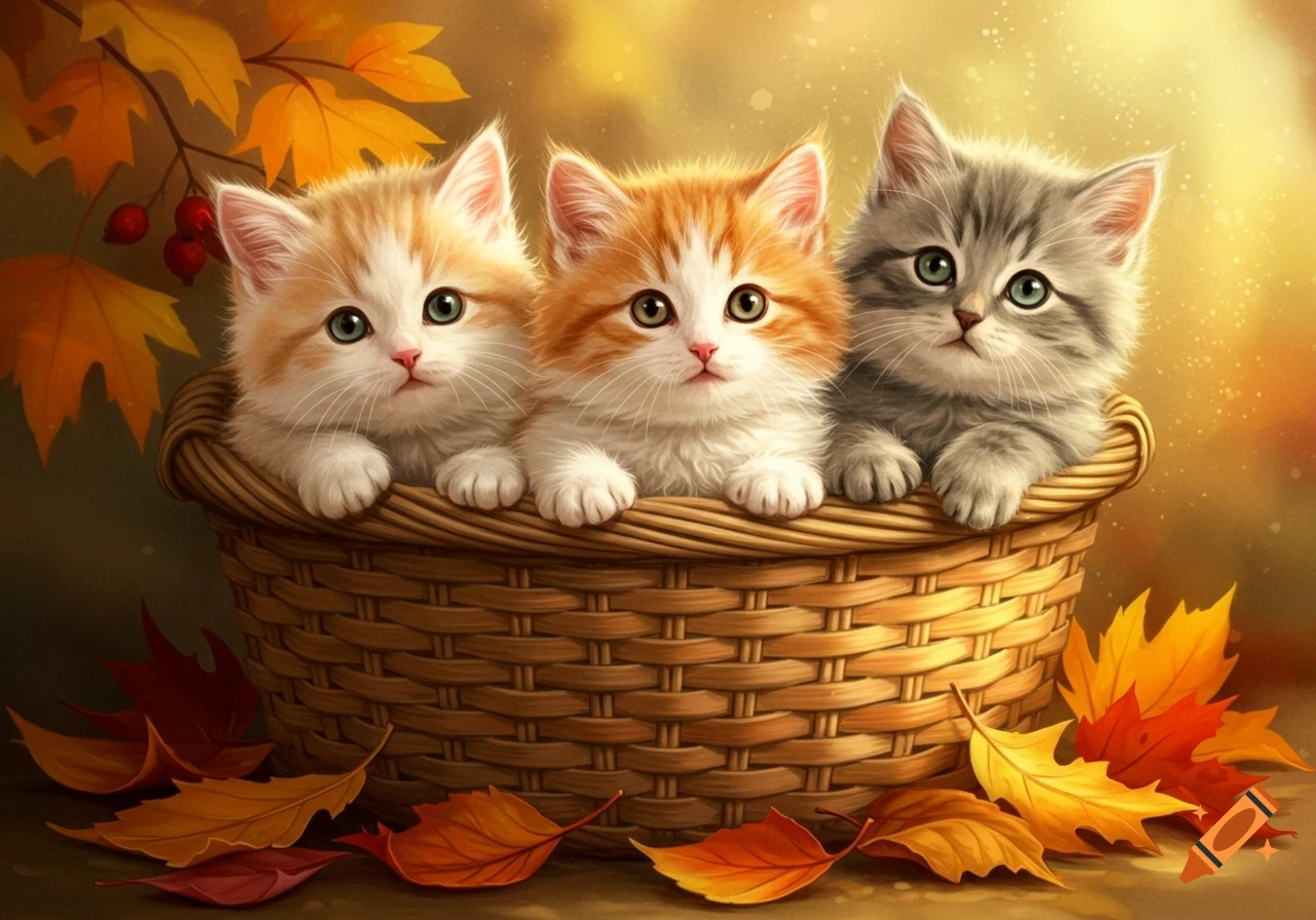 Three fluffy kittens in a woven basket, surrounded by colorful autumn leaves, against a warm golden background.