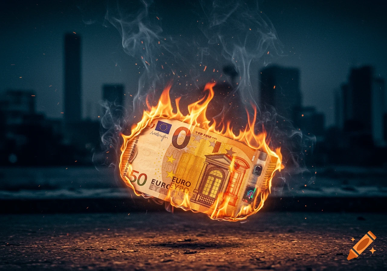 A burning 50 Euro bill floats above a dark ground with a blurred city skyline, rendered in a photorealistic style.