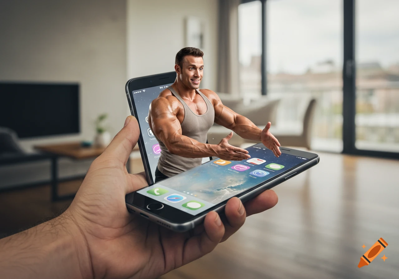 A muscular bodybuilder emerges from a smartphone, smiling and gesturing towards the hand holding the phone in a living room.