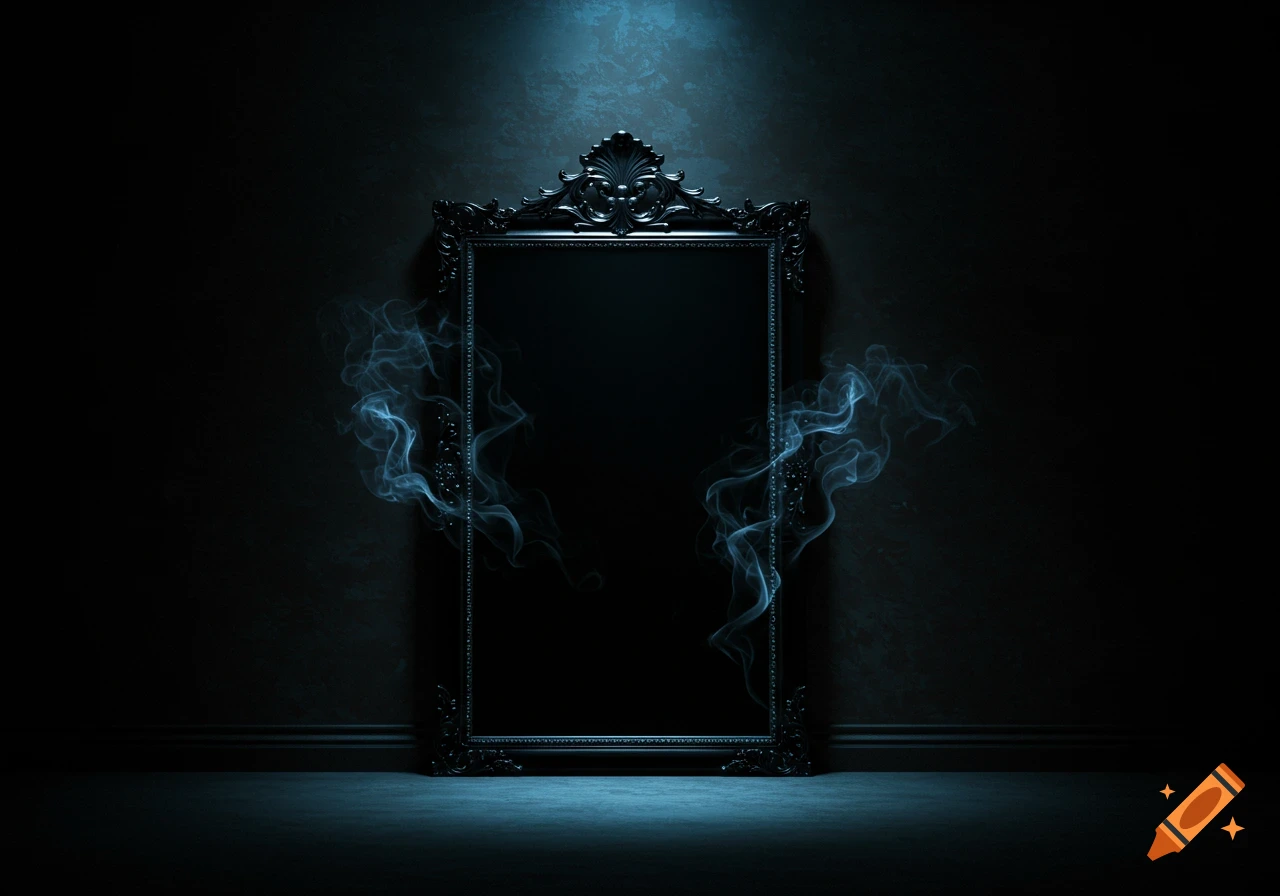 An ornate, gothic black mirror with blue smoke swirling around its frame in a dark, mysterious room.
