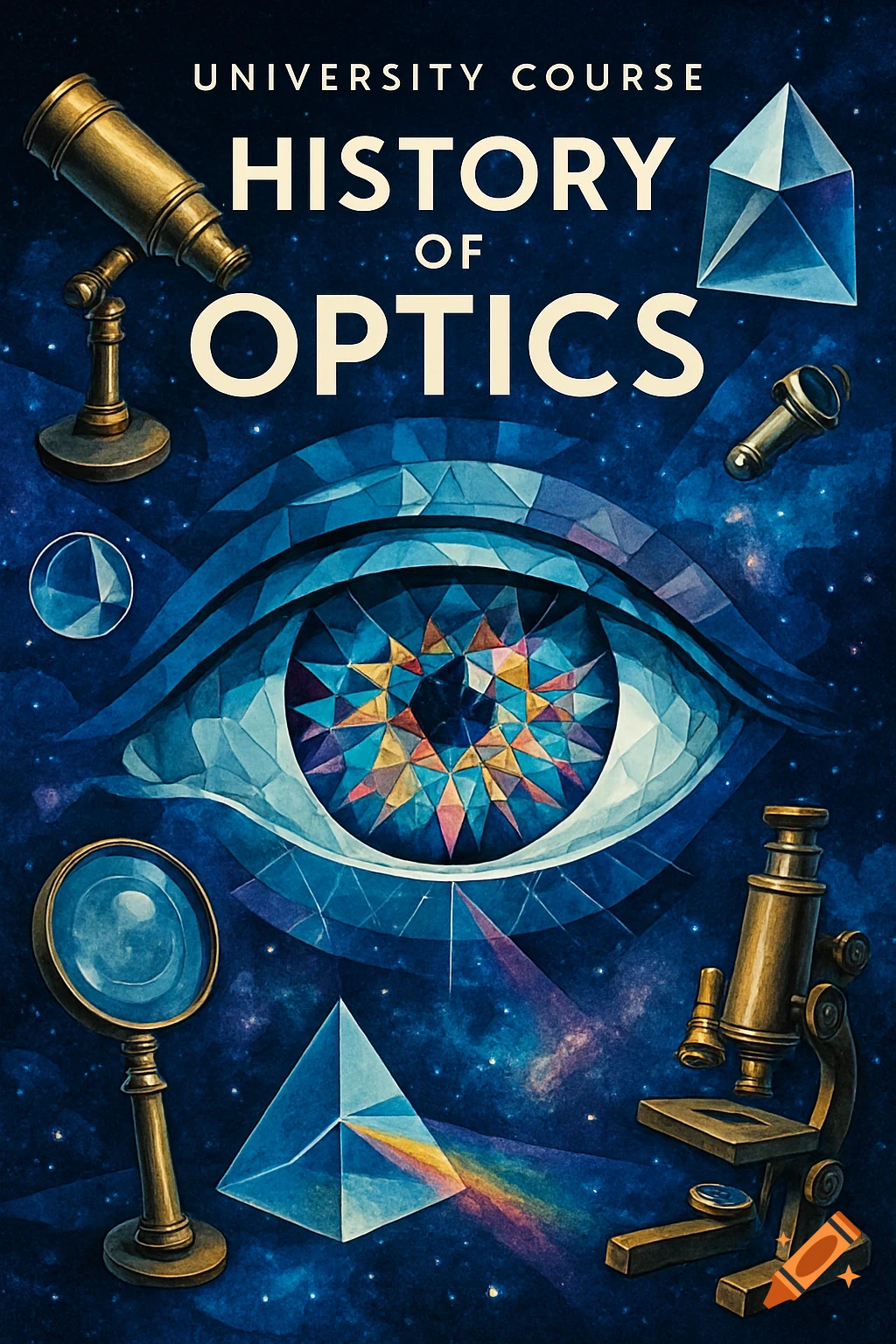 Stylized illustration for 'History of Optics' with an eye, optical instruments (telescope, microscope, prisms), and starry background.