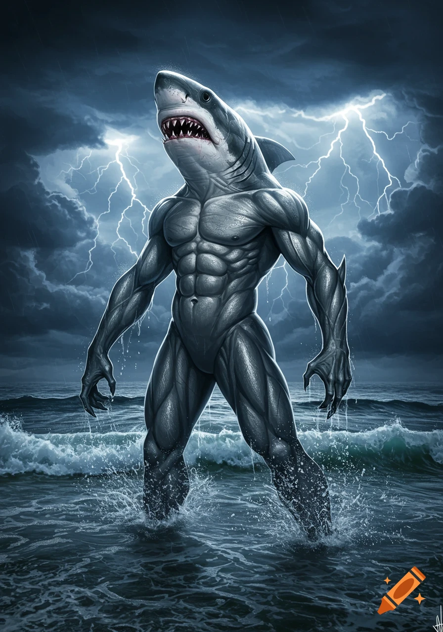 A muscular humanoid shark creature stands in choppy ocean water under a dark, stormy sky with lightning.