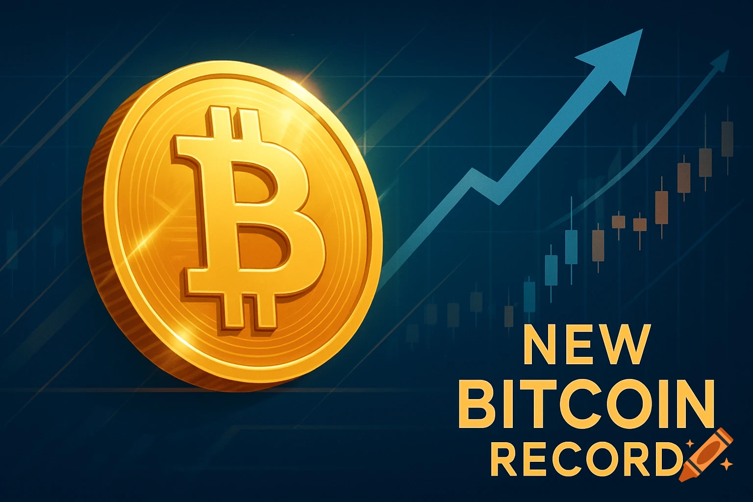 Golden Bitcoin coin with a rising stock chart and text 'NEW BITCOIN RECORD' on a dark blue background.