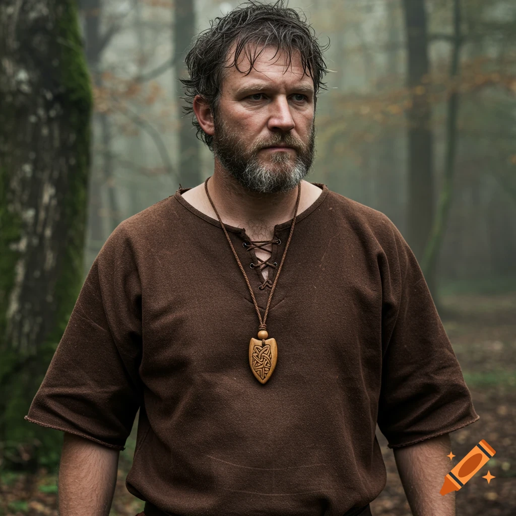 A serious man with a beard and a brown medieval tunic wears a carved wooden amulet, standing in a misty forest.