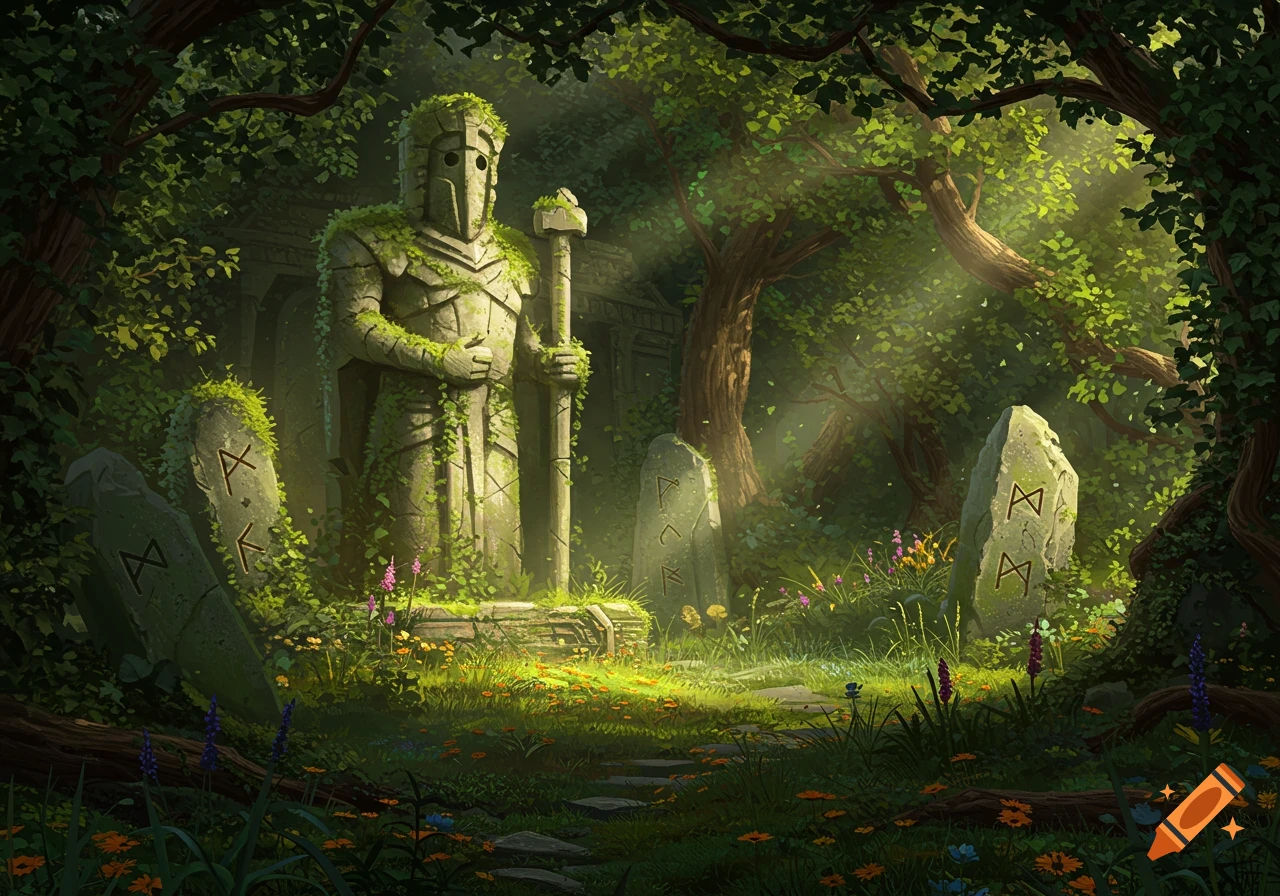 An overgrown stone warrior statue stands amidst rune-carved monoliths on a path in a sunlit, ancient forest, in a digital painting style.