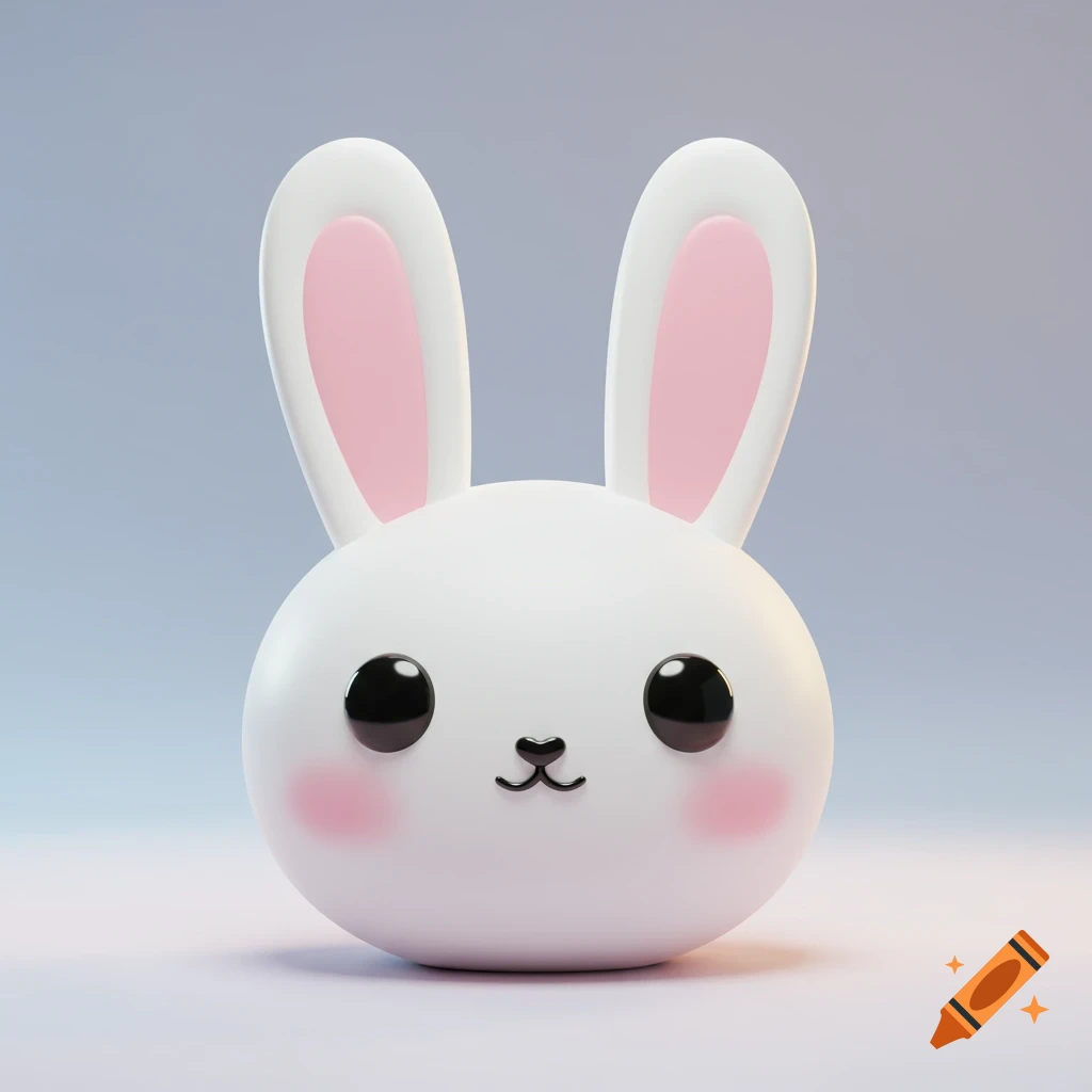 A simplified 3D white bunny head in a kawaii cute style with black eyes, pink cheeks, and pink ears.