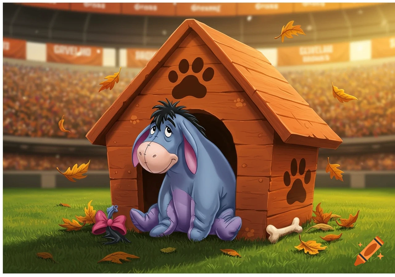 Eeyore, a grey donkey, sits forlornly in a brown wooden dog house on a green grassy field with autumn leaves, in front of a packed stadium.