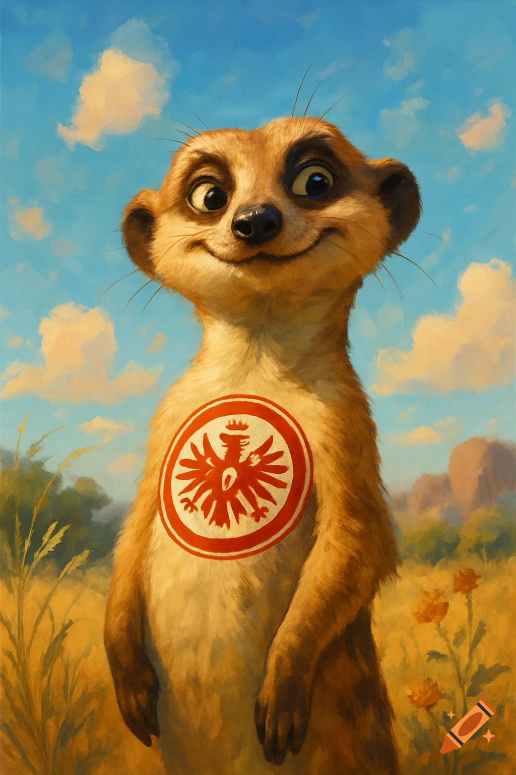 A smiling, cartoon-style meerkat stands in a grassy field with an Eintracht Frankfurt eagle logo on its chest under a blue sky.