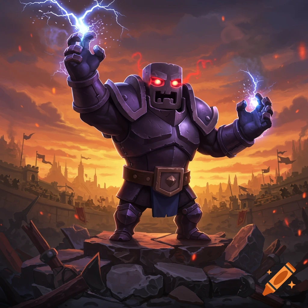A powerful P.E.K.K.A. from Clash Royale casts lightning spells in a battle arena at sunset.