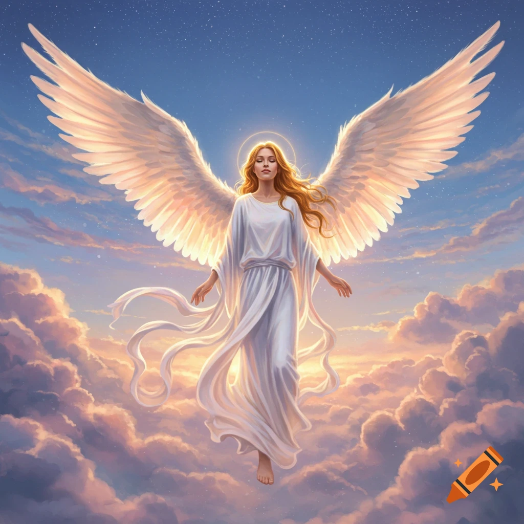 A serene angel with a halo and large white wings, clad in flowing white robes, floats among sunlit clouds in a starry sky.