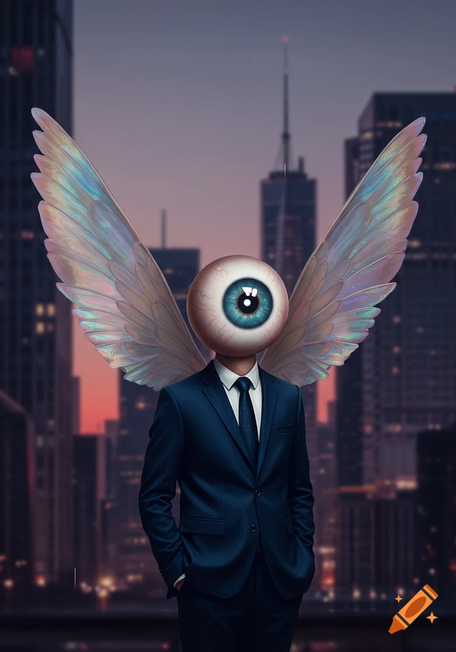 A photorealistic image of a figure with a large eyeball for a head and iridescent wings, wearing a dark blue suit against a blurry city skyline at dusk.