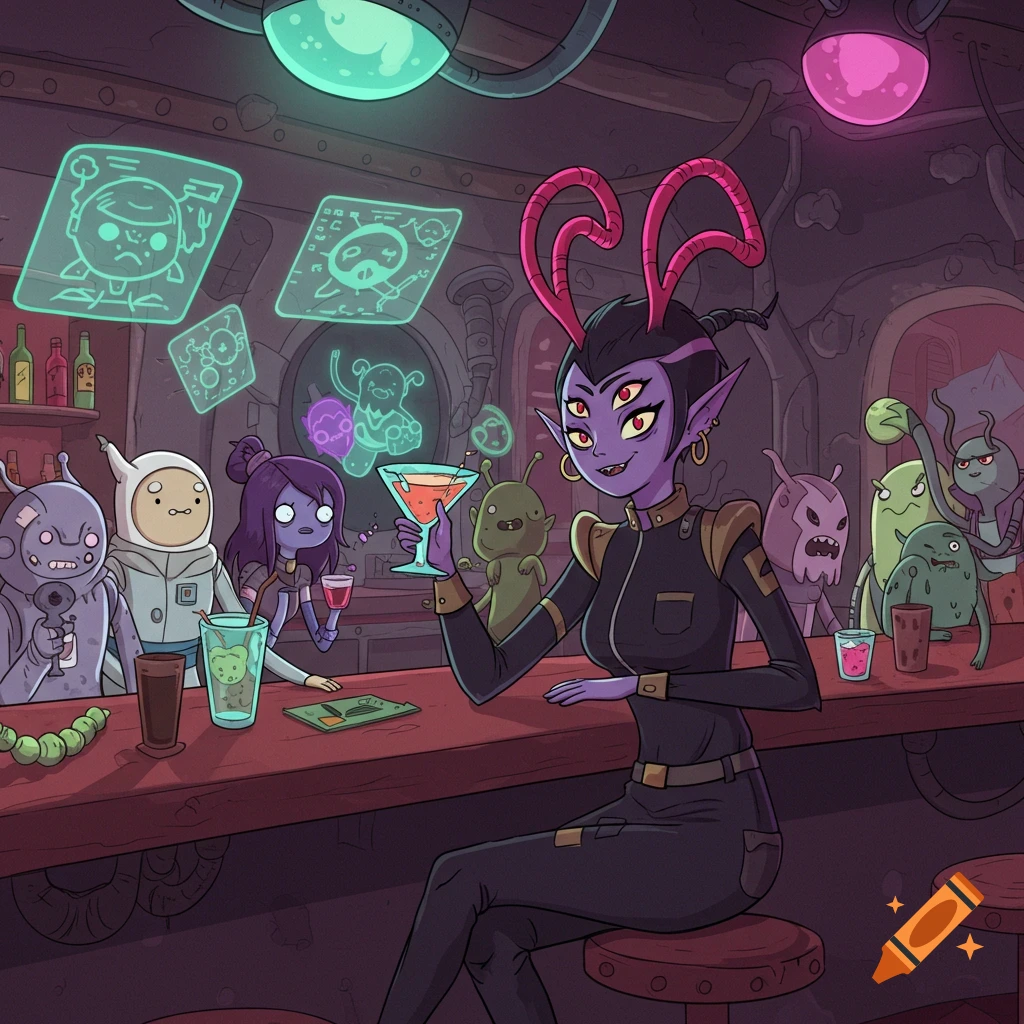 A purple four-eyed female alien with red antennae sips a drink at a busy sci-fi bar with other cartoon aliens in the Adventure Time style.