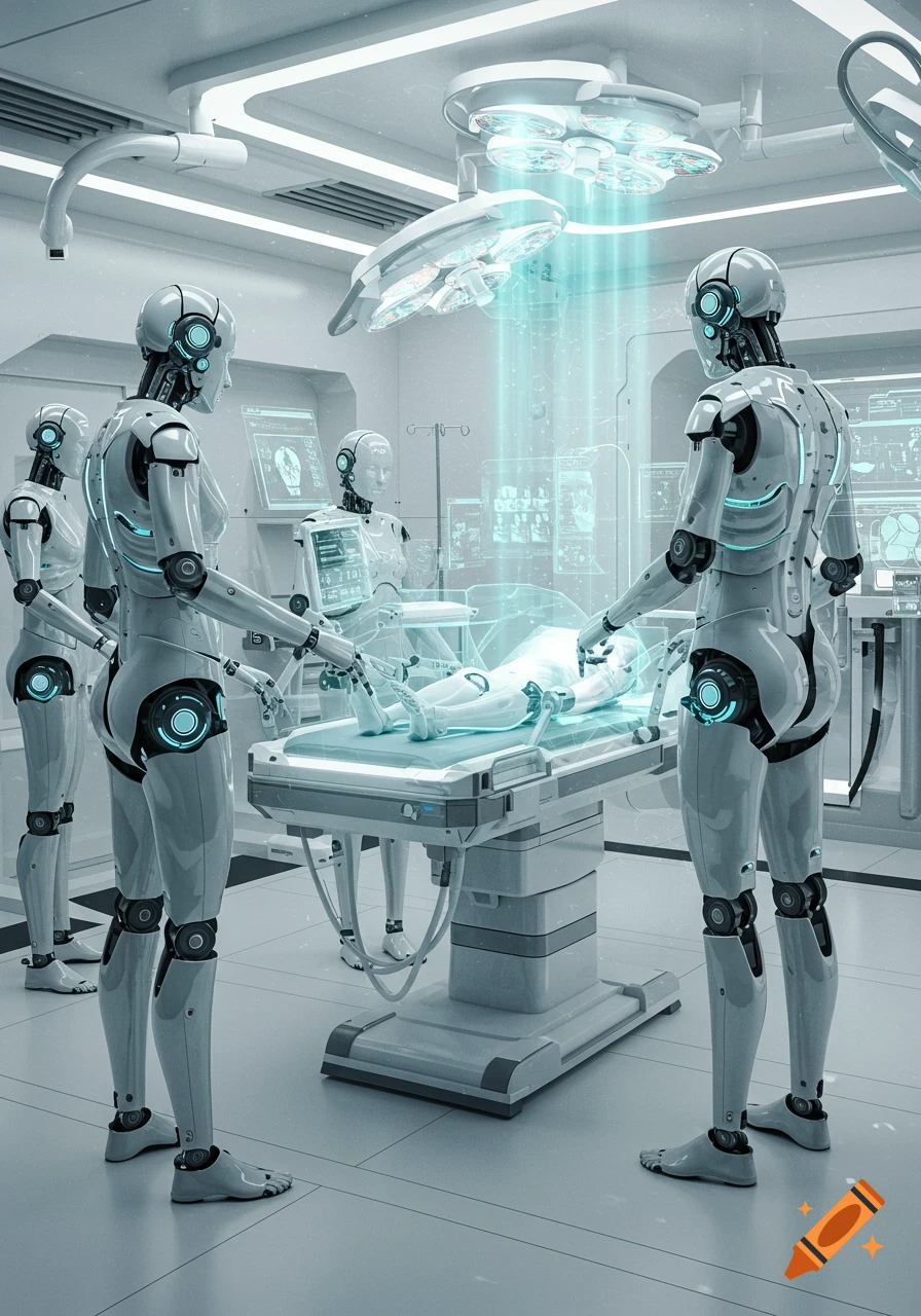 White humanoid robots perform a futuristic medical procedure on a patient in a sterile, brightly lit operating room.
