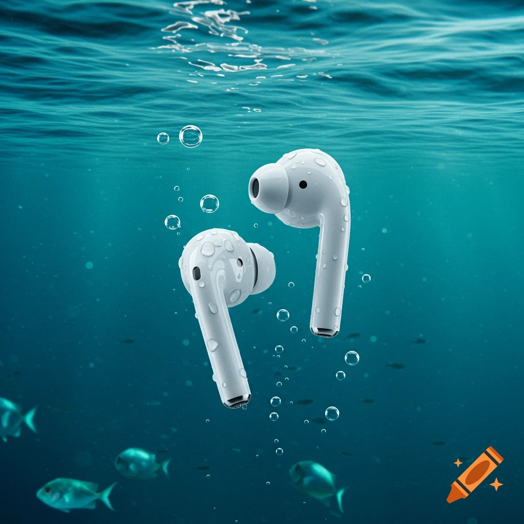 Two white wireless earbuds are submerged in clear blue water, surrounded by bubbles and small fish, against a blurred underwater background.