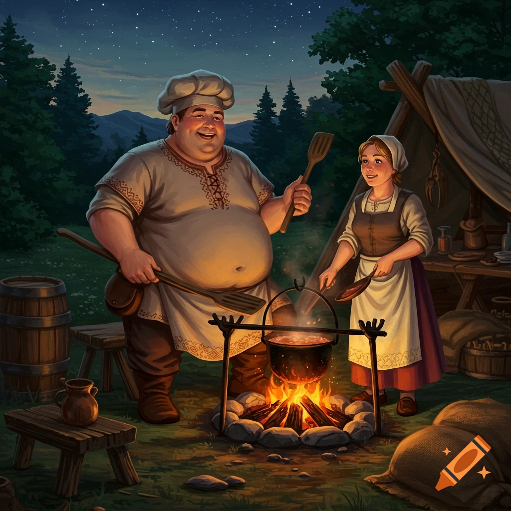 An illustrated scene of a happy overweight cook and a petite woman cooking over an open campfire in a medieval forest at night.
